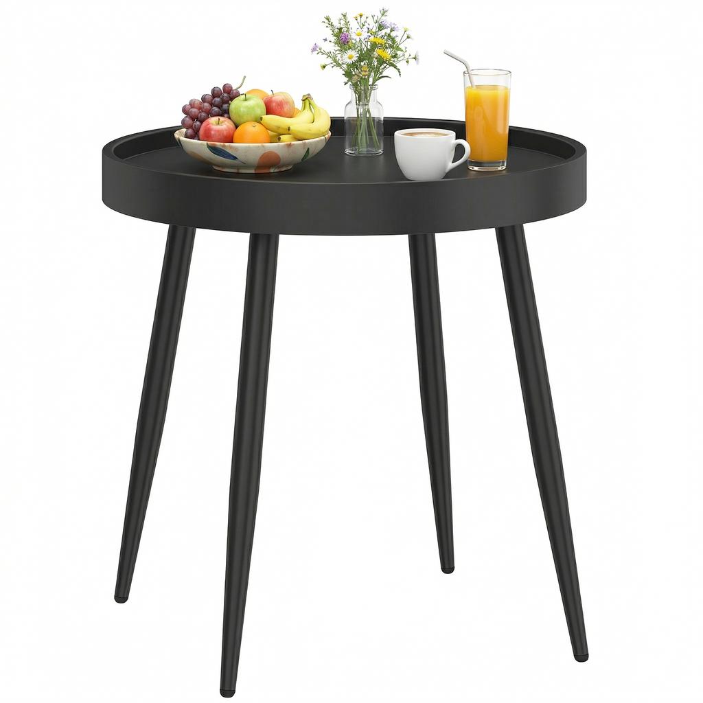 49.5 Cm Round Garden Table, Small Outdoor Coffee Side Table with Plastic Tray-Style Top, Metal Legs, Black