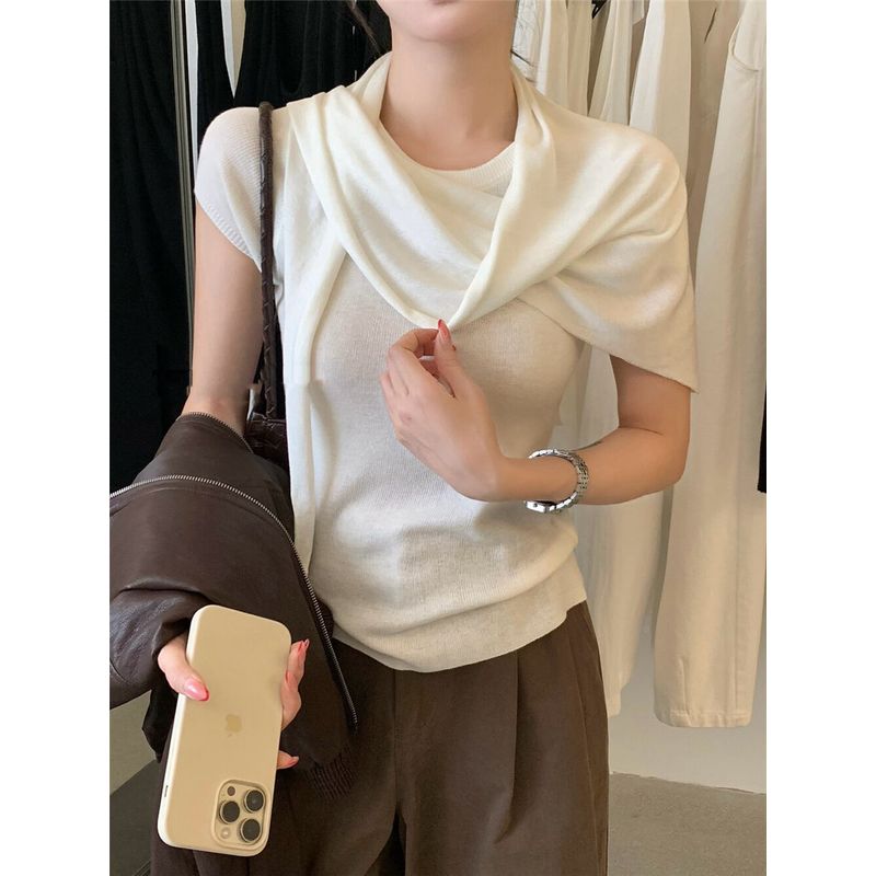 Kumikumi High-Grade Simple Temperament Round Neck Short Sleeve Knit Women Clothes Summer Slim Fit Slimming Versatile Top