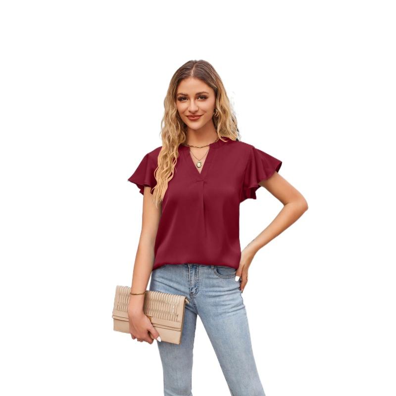 Summer T-shirt European and American New Product Women's Satin V-neck Ruffle Sleeve Fashion Office Work Top S-2XL
