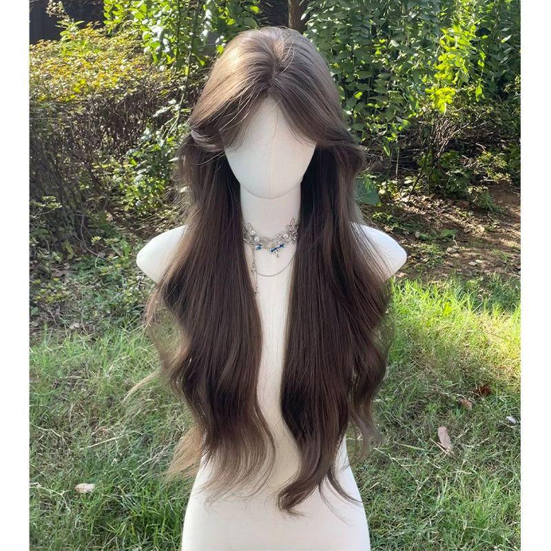 Daily Wear Wig Cold Brown Natural Middle Part Eight-Character Bangs Big Waves Flattering Face Slimming