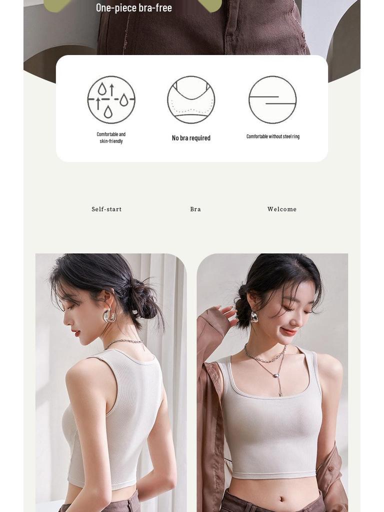 Women's Summer Sling Tank Top with Integrated Padded Bra, Thin Style, Anti-Auxiliary Breast Bandeau.