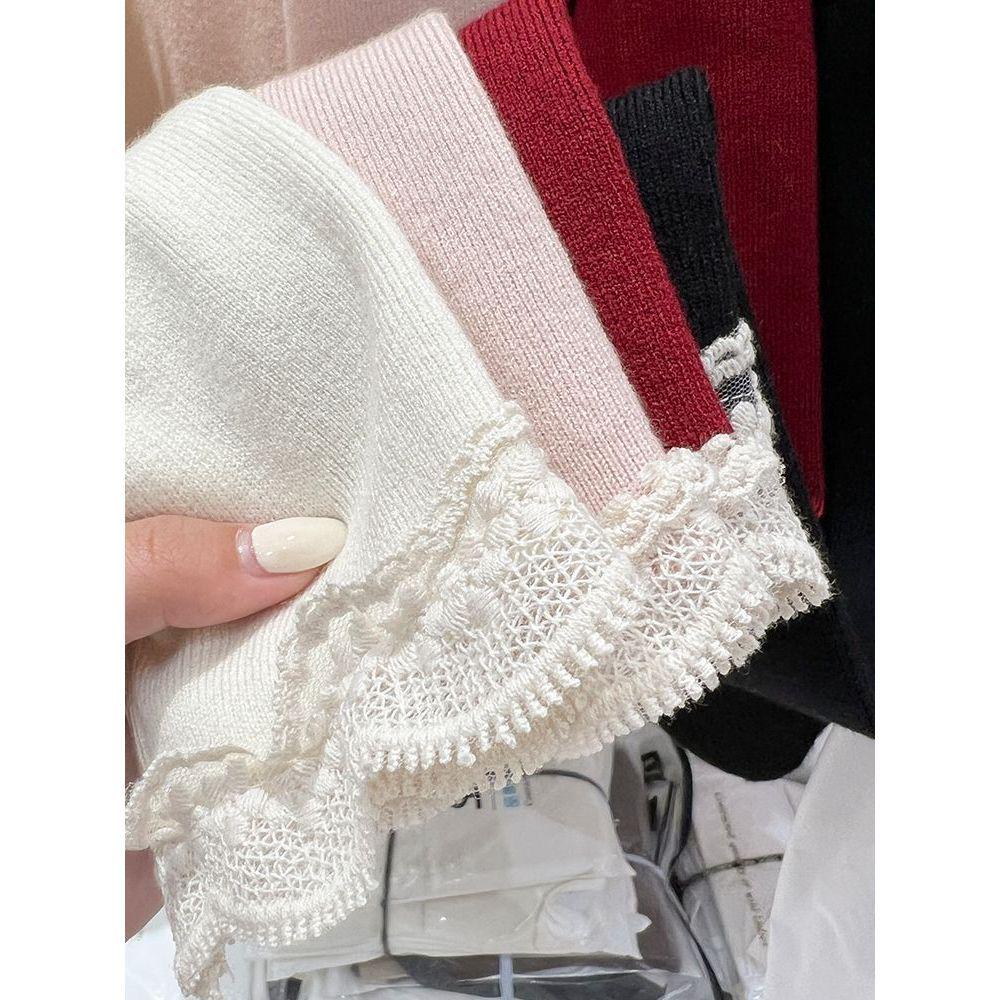 2025 Autumn Women's Apricot Lace Patchwork Knitted Sweater