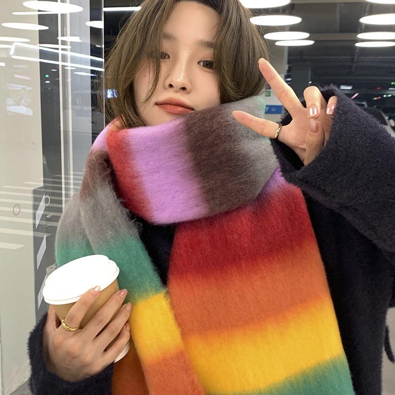 Dopamine Color Striped Handmade Hairball Warm Scarf Women's Winter Thickened Cold-proof Couple Scarf Shawl