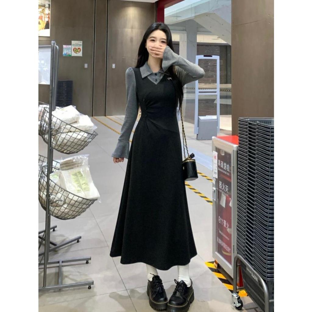 Elegant French Retro Faux Two-Piece Patchwork Dress for Curvy Women - Autumn/Winter Long Skirt.