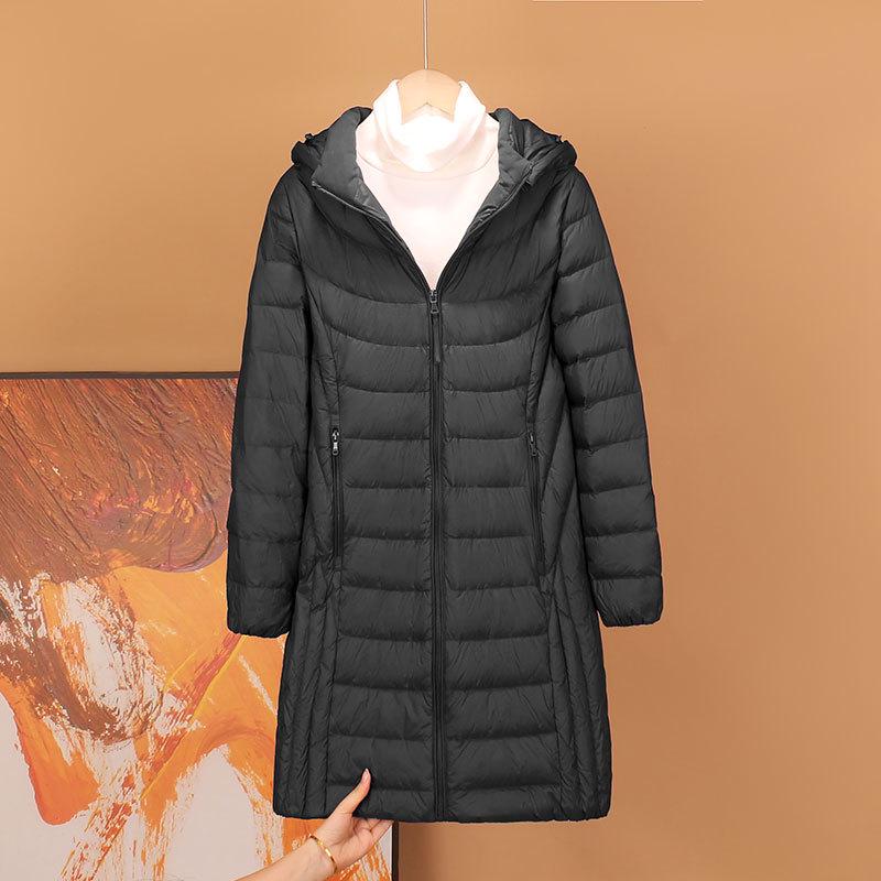 Women's Mid-Length 90% White Duck Down Jacket with Detachable Hood - Lightweight, Plus Size, Slimming Fashion for Winter 2024