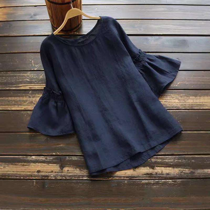 Damen Sommer Bluse Kurzarm Unifarben Rundhals Rüschenärmel Hemd