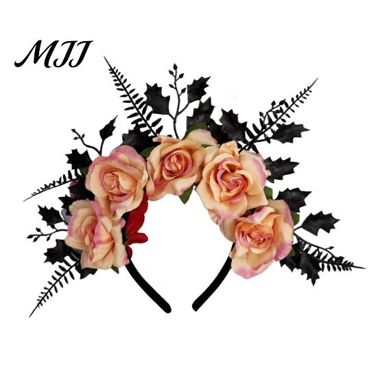 Mysterious Black Flower Hair Accessories Halloween Rose Headband, Leaf Crown Hoops Bands, Unique Gothic Hairband for Gift Headpiece Cosplay