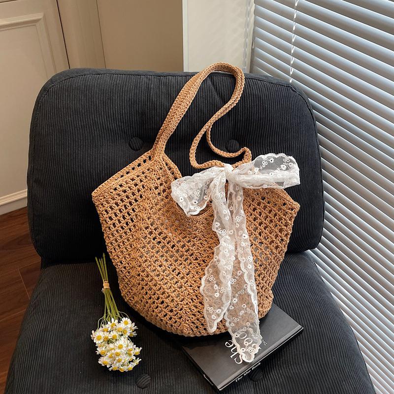 

Yogodlns Женская вязаная сумка-тоут Модная вязаная сумка большой вместимости Плетеные сумки через плечо Однотонная простая сумка для покупок для лета и пляжа 38x2x29cm хаки