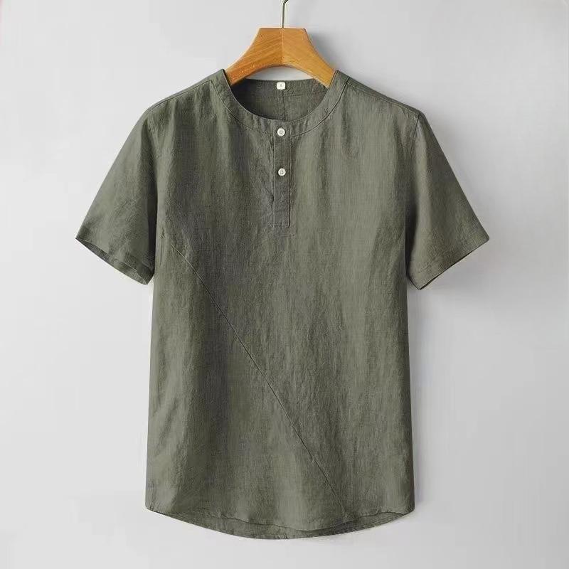 Chinese Style Men's Linen Short-sleeved Shirt Men's Summer Thin Casual Retro Cotton and Linen Pullover Stand-up Collar Shirt