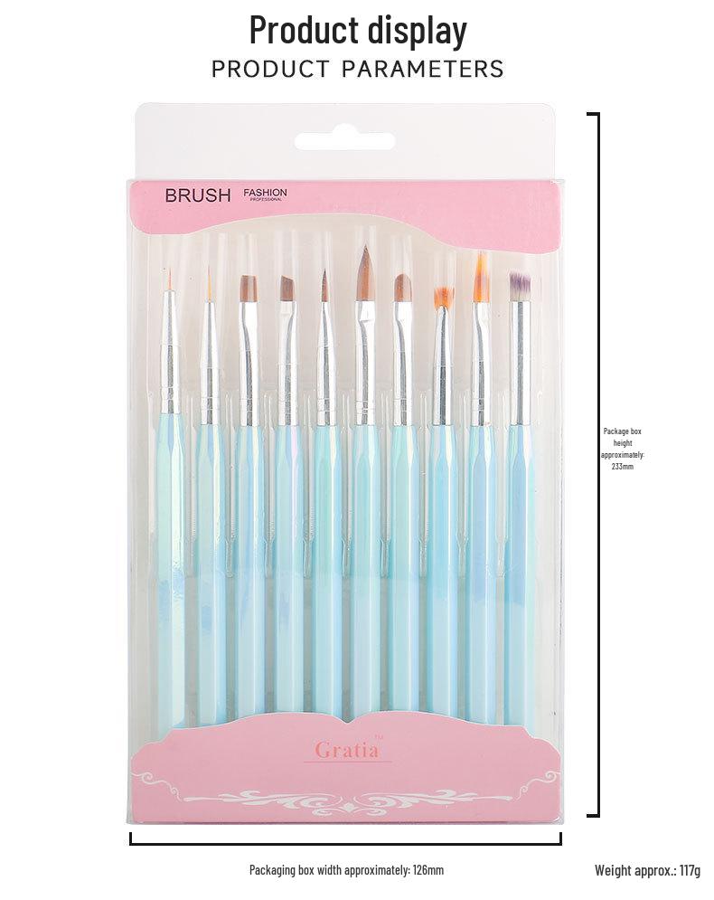 Laser Blue Hexagonal 10-Piece Nail Art Brush Set for Outlining, Lines, and Floral Designs