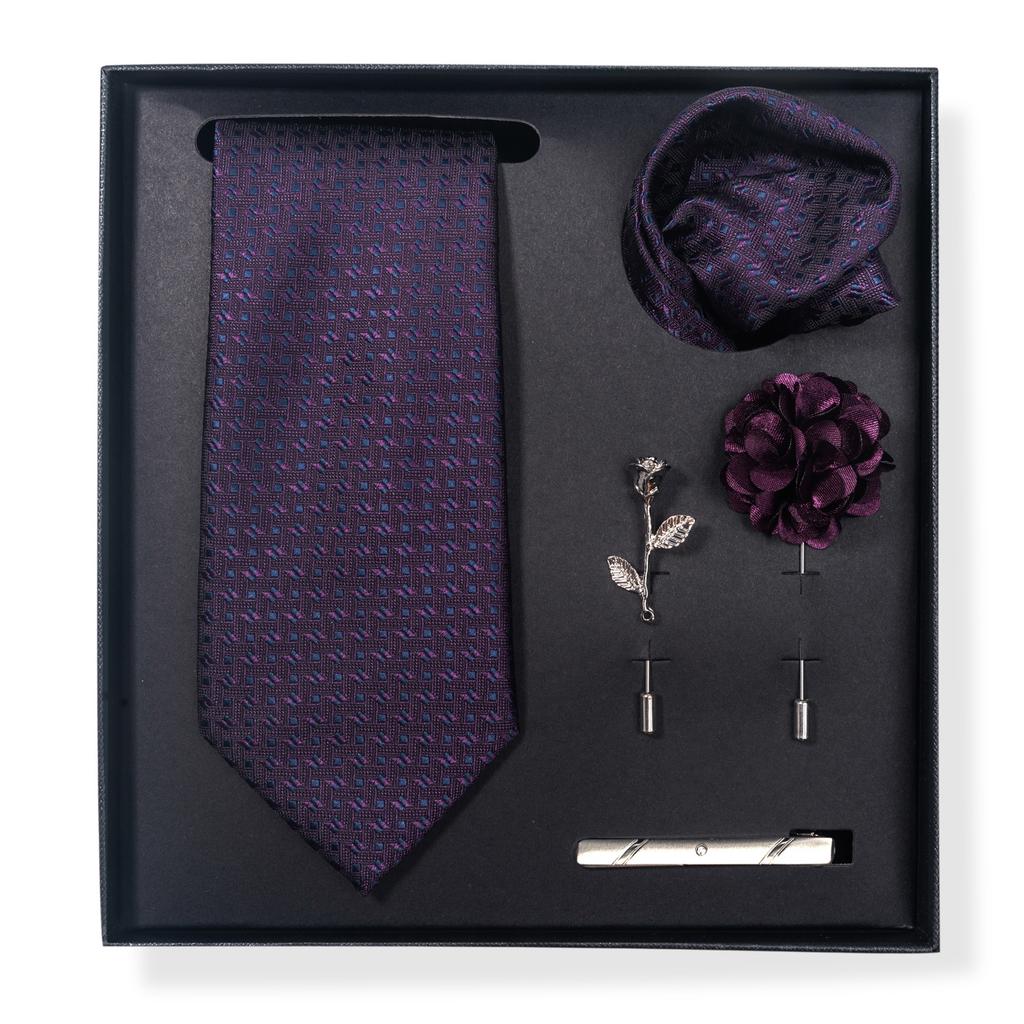 Tie Men'S Trend Net Color Striped Cashew Nut Tie 6-Piece Gift Box Square Scarf Tie Clip Corsage Set