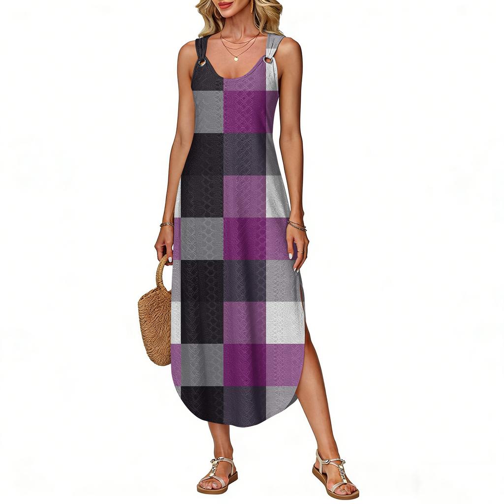 Women's Summer Long Dress, Sleeveless with Side Slits, Long Plaid Printed Vest Dress