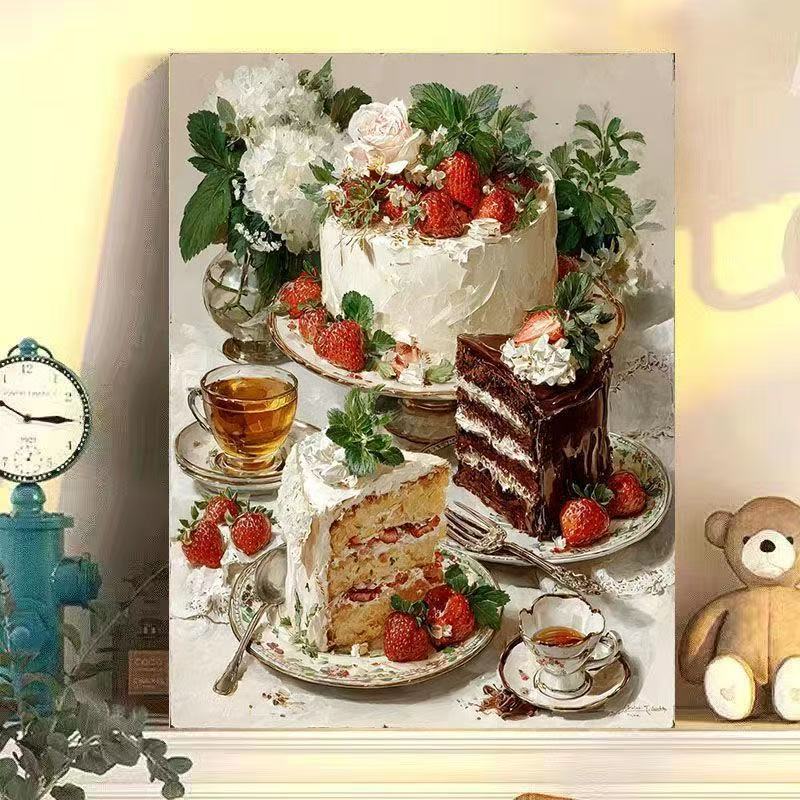 Diy Digital Oil Painting Retro Style Strawberry Cake Series Hand-Filled Coloring Oil Painting Decompression Healing Decoration