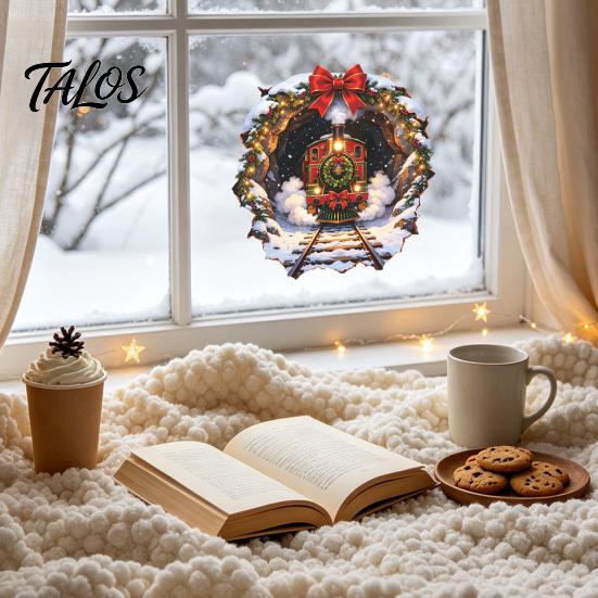 Snowflake Wall Clings Christmas Vintage Steam Train Static Window Sticker, 3D Broken Effect Glass Festive Film No-Adhesive Decal for Xmas Home