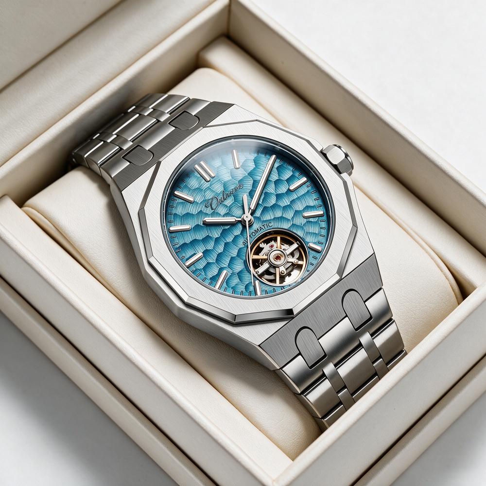 Luxury Octagon Automatic Watch for Men Textured Blue Dial Hollow Mechanical Wristwatch Steel Waterproof Tourbillon Mens Watch