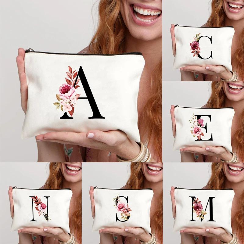 A-Z Alphabet Cosmetic Storage Bag Initial Graduation Gifts for Teacher Flowers Print Toiletry Bag for Bridesmaids Wedding Gifts