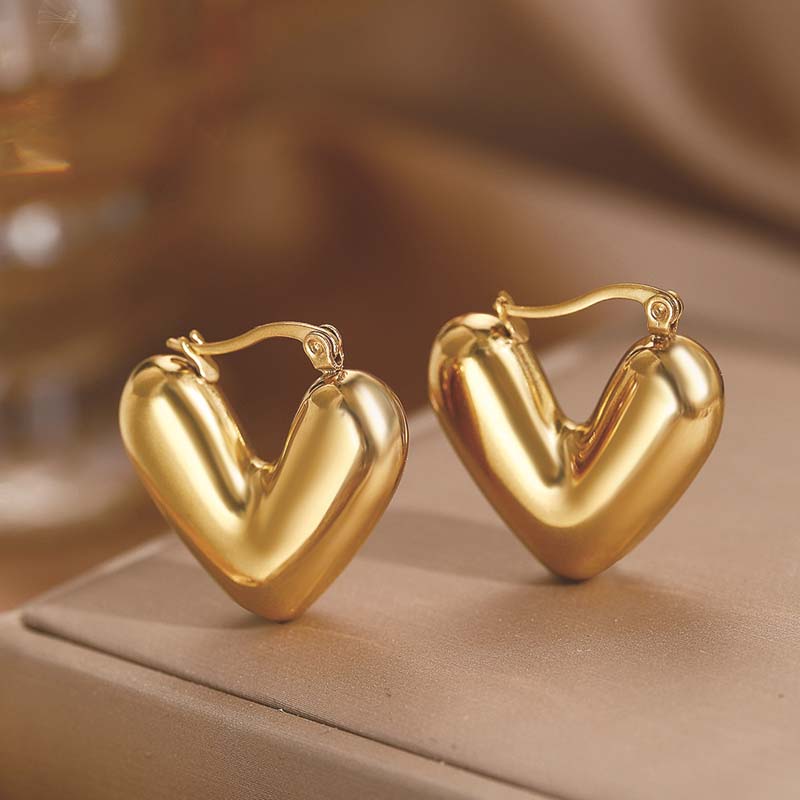 Stainless Steel Metal Peach Heart Pendant Earrings for Women Vintage Punk Gold Color Glossy Thick Heart Earrings Party Jewelry
