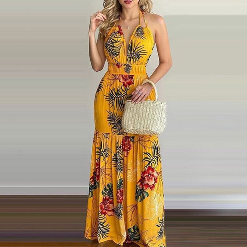 European and American-Style Printed Backless Maxi Dress