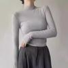 Women Half High Neck Long Sleeve Slim Cropped Solid Base T Shirt