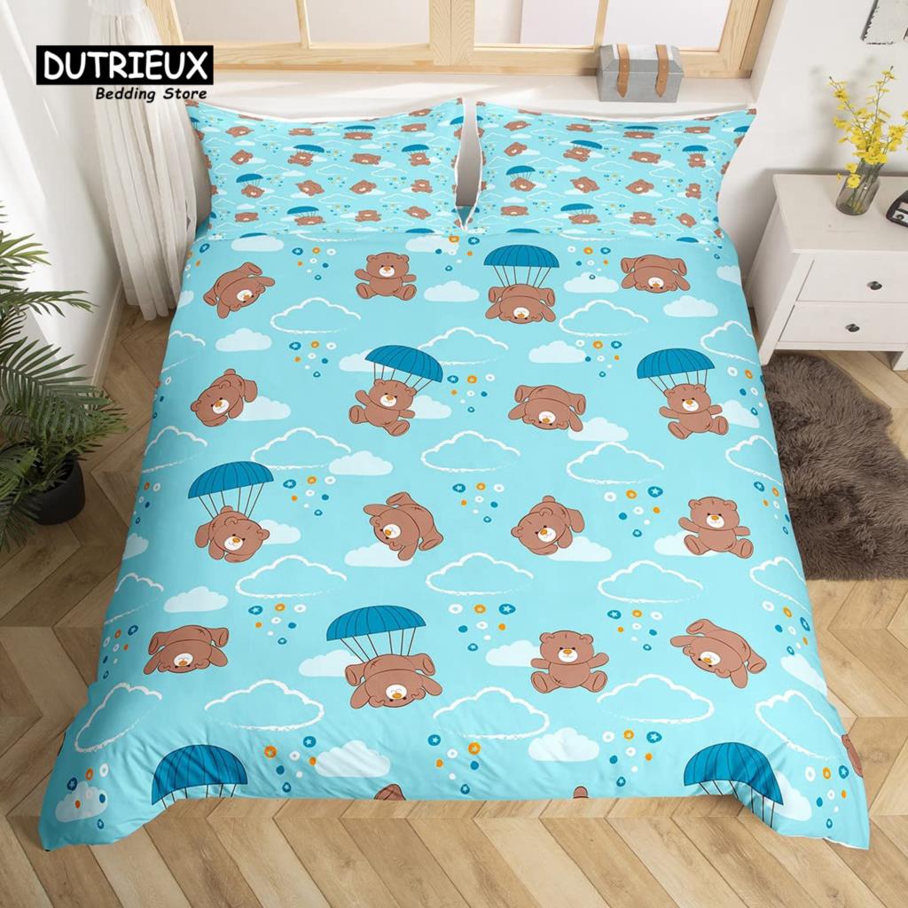 Kawaii Bear Duvet Cover Set Twin King Size Cartoon Animals Bedding Set Polyester Parachute Blue Sky White Cloud Comforter Cover