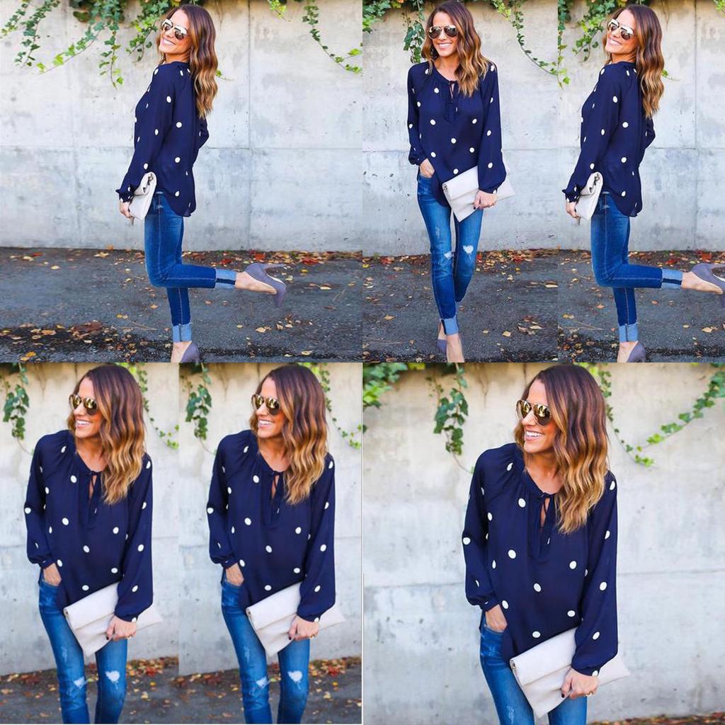 Premium Quality Woman O Neck Long Sleeve Casual Polka Dot Blue Blouse For Everyday Comfort