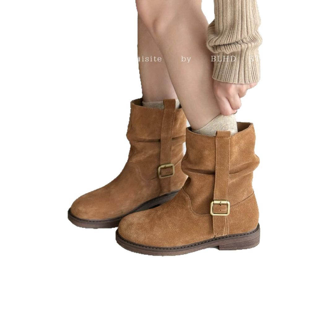 2025 autumn retro suede V-mouth western cowboy boots pointed mid-tube boots medium antique belt buckle stacking boots