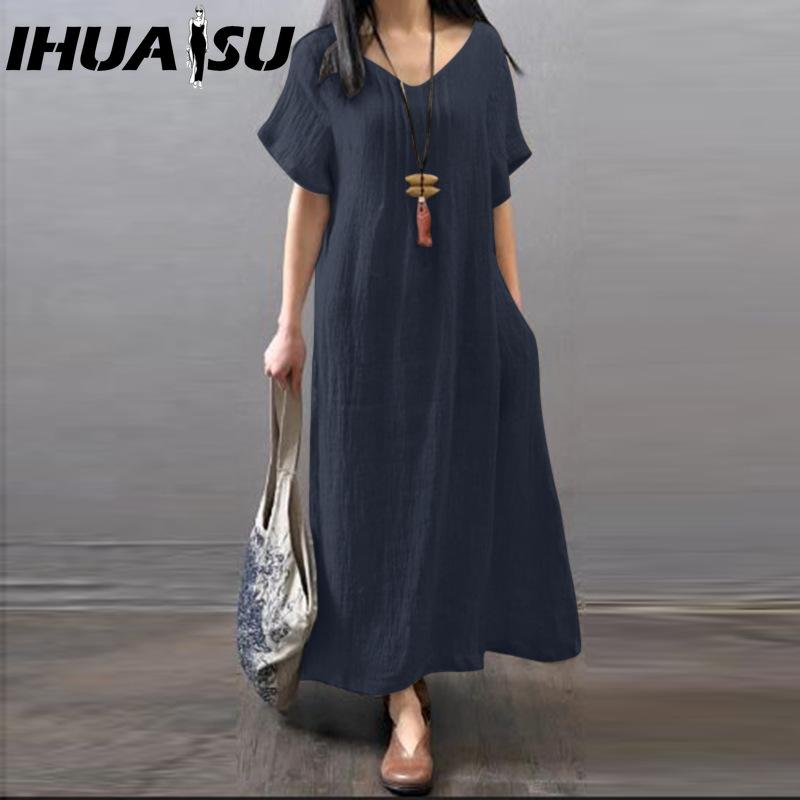 IHUASU Robes décontractées pour femmes, mode été printemps, couleur unie, imprimé, manches courtes, col en v, taille haute