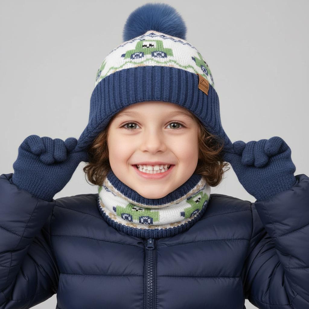 Dziecięcy Zimowy Ciepły Dzianinowy Zestaw Czapka z Pomponem Szalik Rękawiczki Zestaw 3 Szt. Lub Pojedyncza Czapka Beanie Wiatroodporna Ochrona Uszu Dla Chłopców Dziewczynek Zimna Pogoda Na Zewnątrz