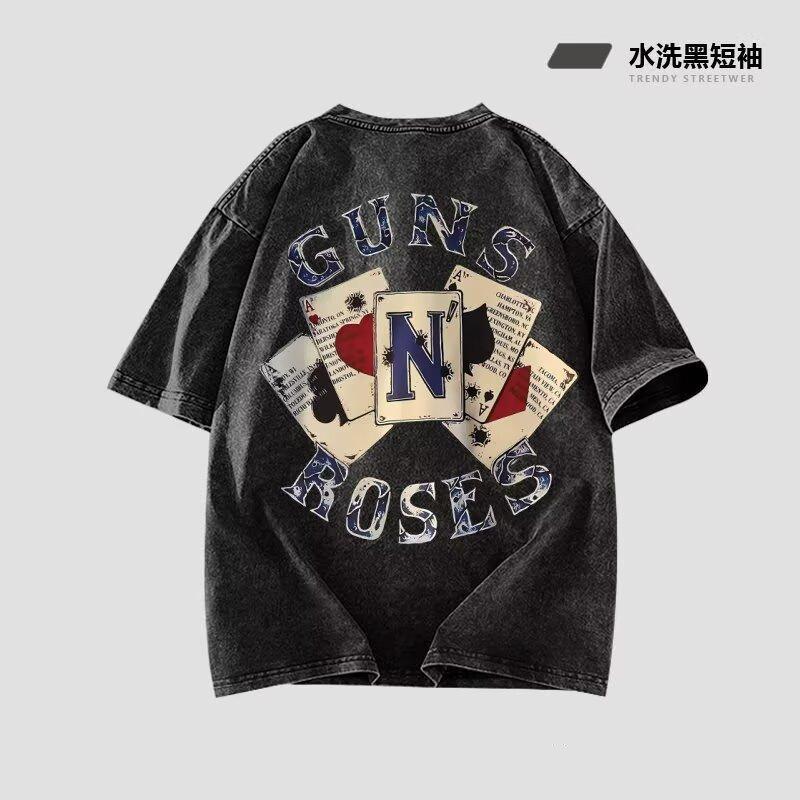 

Уличный стиль Европейский и американский ретро принт покер короткий рукав футболка парная одежда свободный летний нишевый топ для мужчин 5XL серый