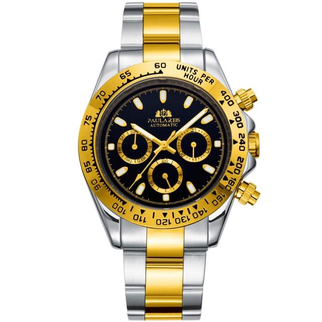 Paulareis Automatic Watches Self Wind Mechanical Gold Stainless Steel Glacier Ice Blue Dial Chestnut Brown Bezel Luminous Men Watch RL01