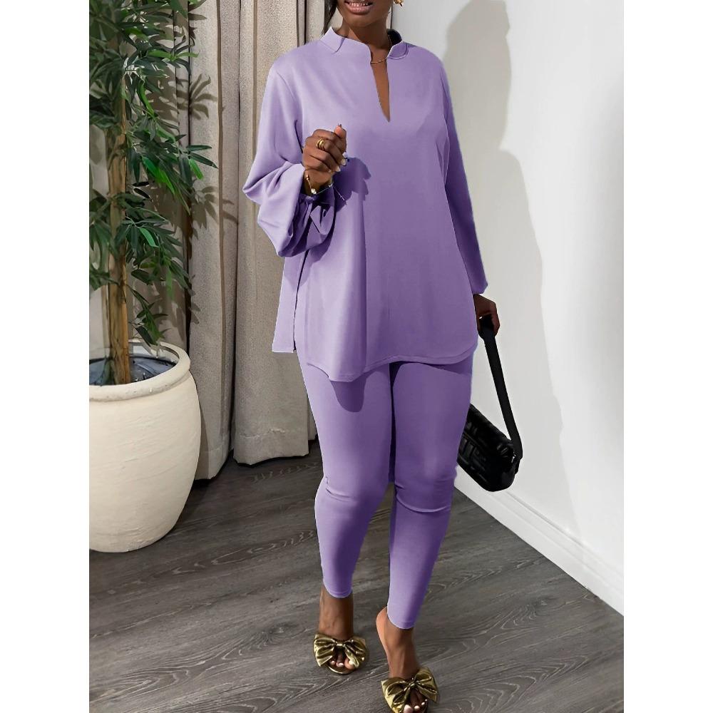 Women's Loose Fit Two-piece Outfit Set Long Sleeve Stand Collar Top Elastic Waist Leggings