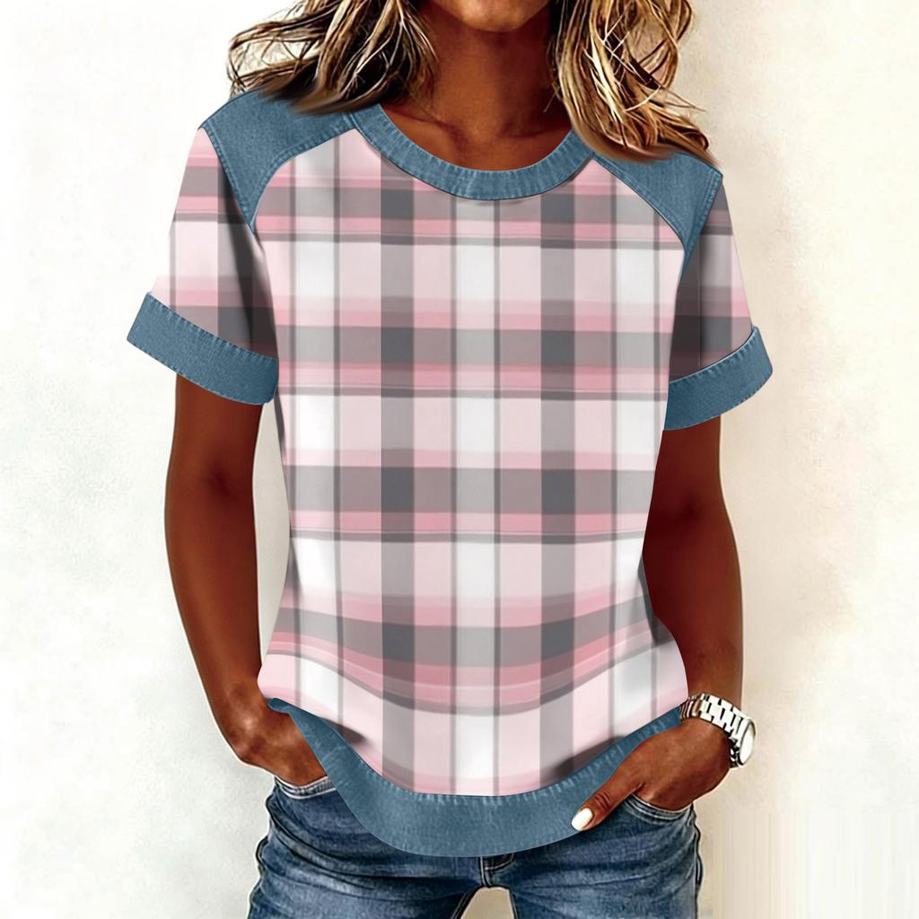 Women Denim Collar Patchwork Stitching Sweatshirt Casual  Printed Pullover Short Sleeve Shirts