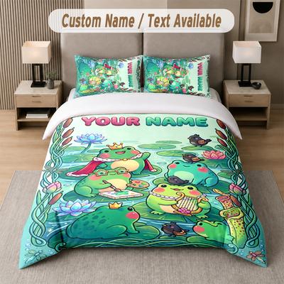 Frog Theme Custom Text Or Name 3Pcs Bedding Set 1 Flat Sheet & 2 Pillowcases Personalized Home Bedding