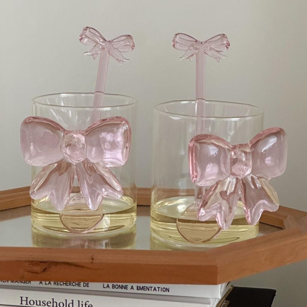 Pink Bowknot Series Glasses Cup Korean Style  INS  Bow Handle Goblet Glass Cup Romantic Ritual Champagne Wine Glass