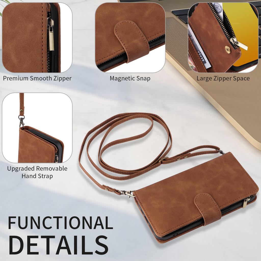 For iPhone 15 Pro Case Zipper Multi-Pocket Wallet Leather Phone Cover with Shoulder and Wrist Straps