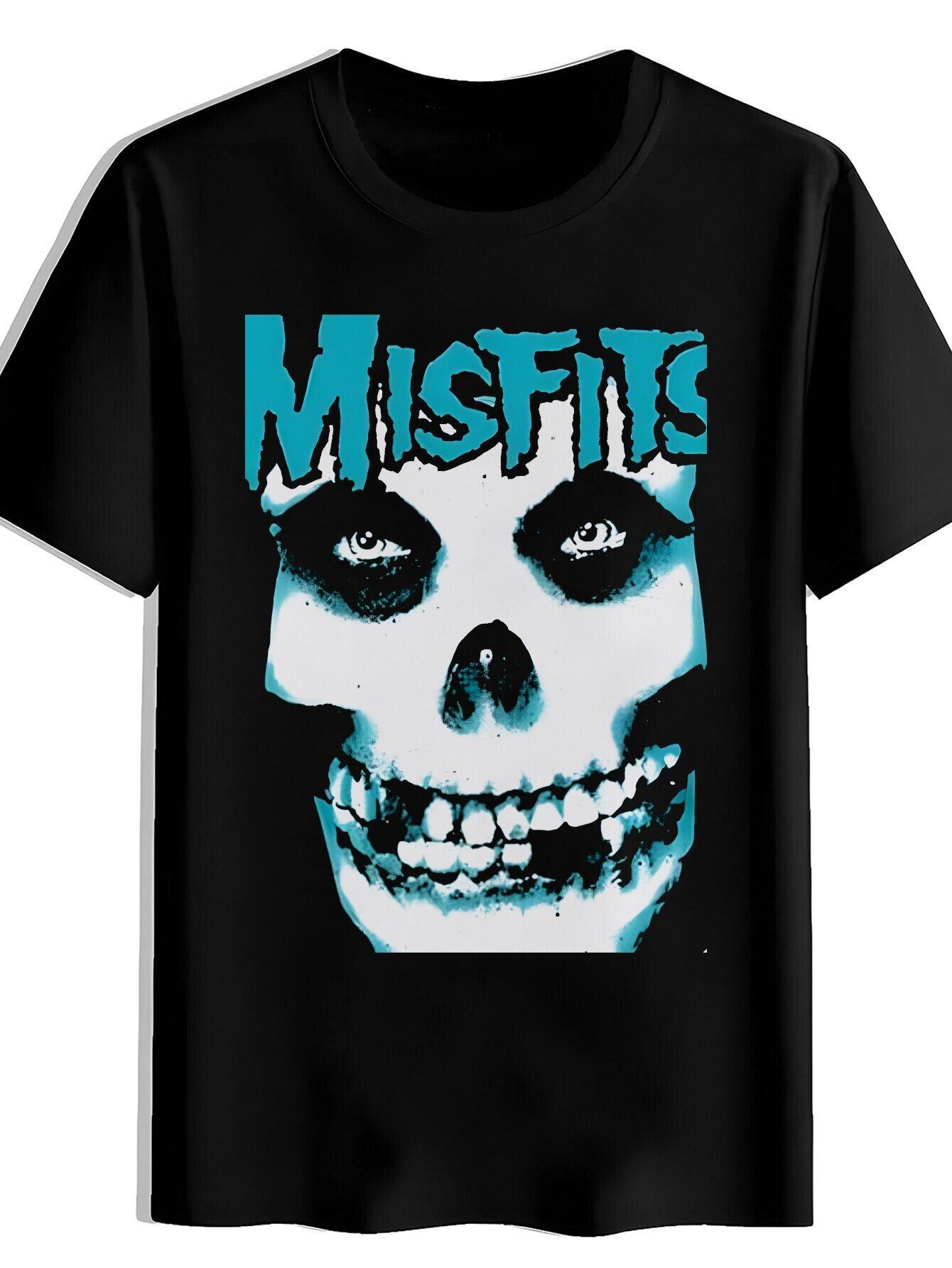 Retro Rock Band Graphic T-shirt - Black Misfits Skull Design M