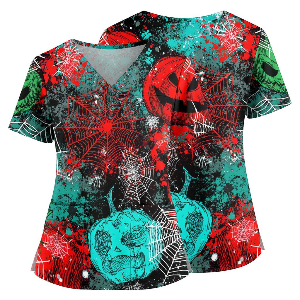 Women V Neck Short Sleeve Scrub Top with Pockets Side Slit Halloween Print Floral Pattern Nurse Uniform Shirt