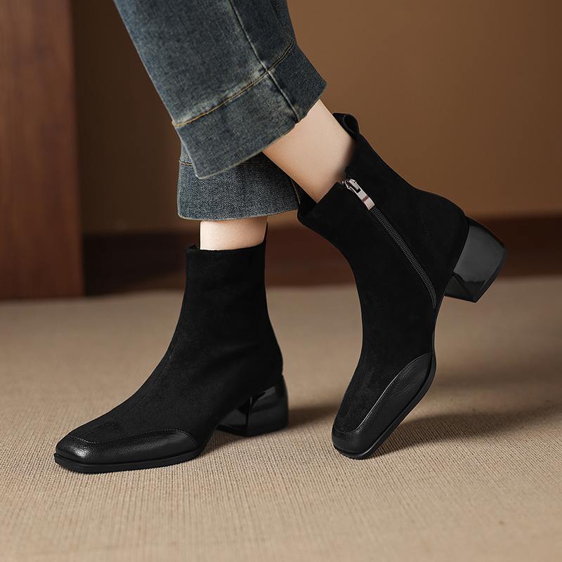 Krazing Pot Sheepskin Flock Winter Square Toe Chunky Heels Chelsea Fashion Boots Women Zip Patch Work Women Ankle Boots