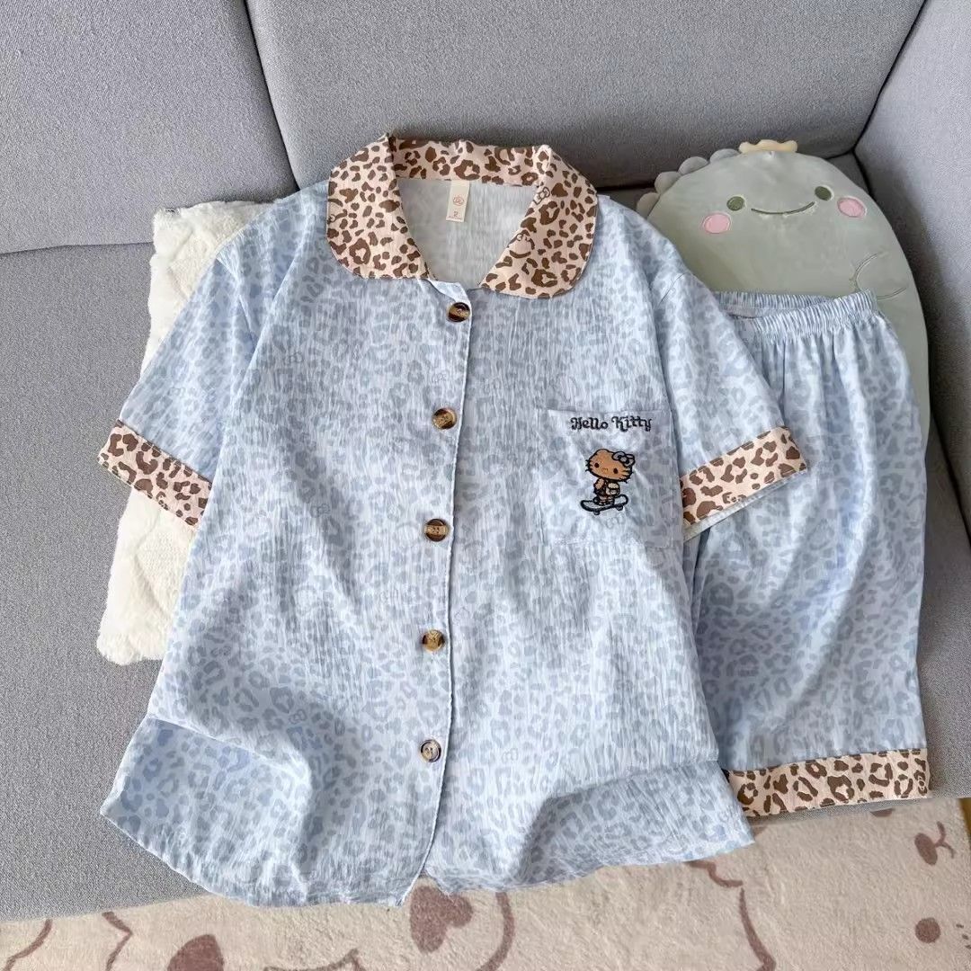 Leopard print hellokitty pajamas women s summer new summer short-sleeved shorts cute cartoon high-end loungewear M