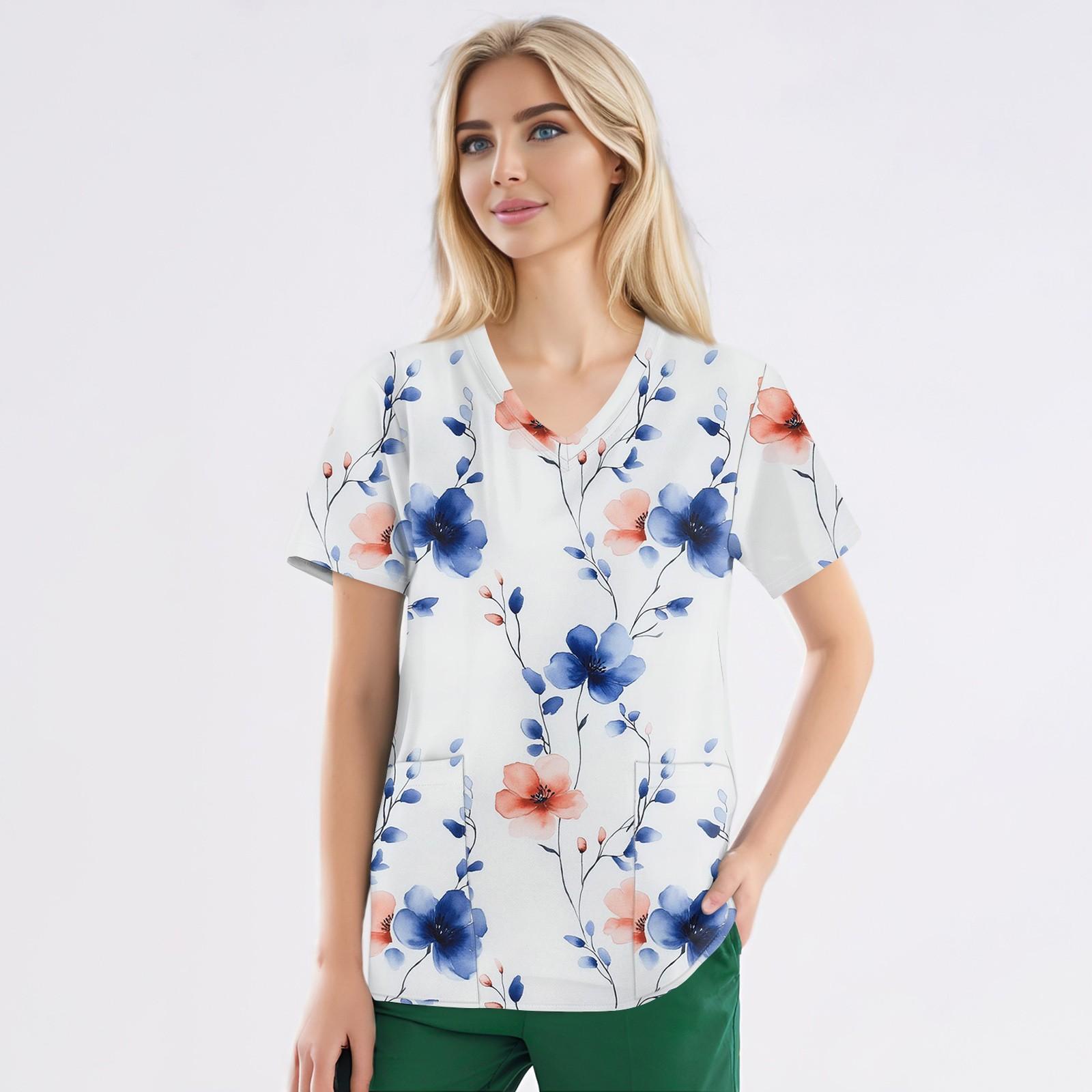 

Рабочая форма больших размеров с принтом, топы для женщин, забавные футболки с v-образным вырезом и короткими рукавами, рабочая одежда, футболка с карманами XL белый