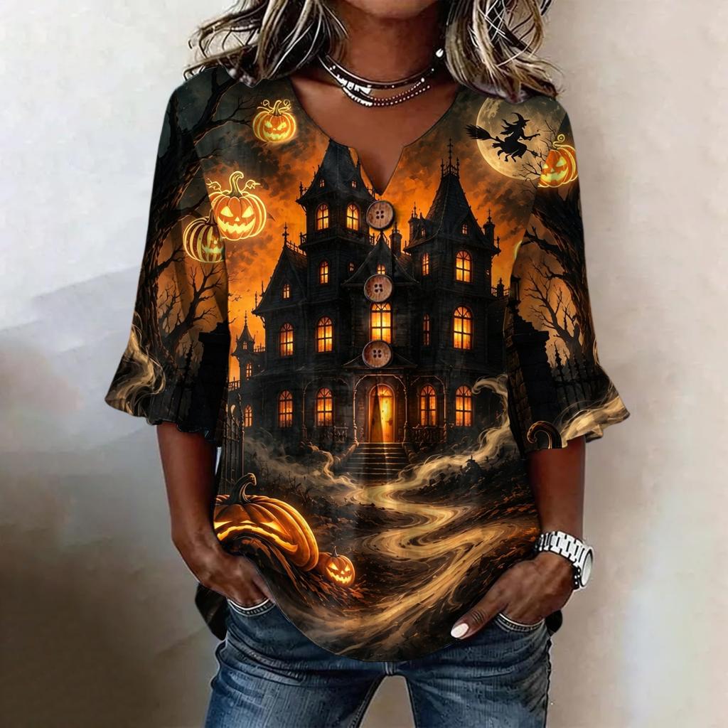 Women's Casual V-Neck Ruffle Trim Patchwork Sleeve Loose Fit Halloween Print Top