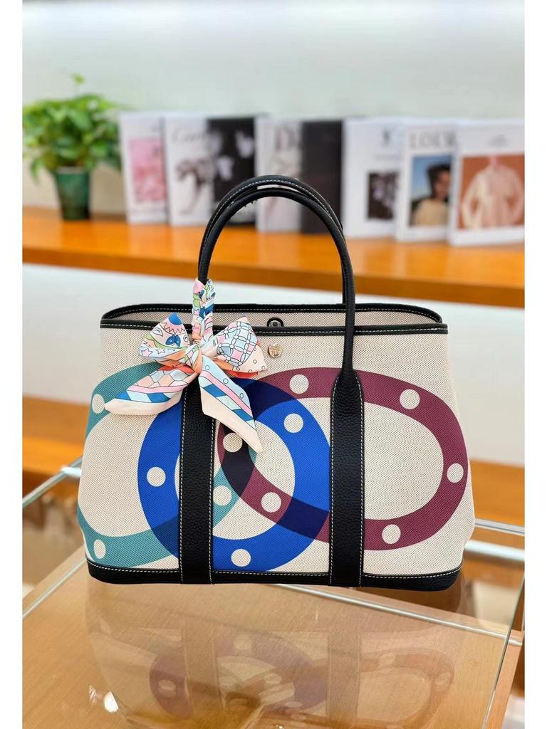 Women's Genuine Leather Garden Tote - 2025 Canvas & Cowhide, Large Capacity, Contrast Color Shoulder Bag