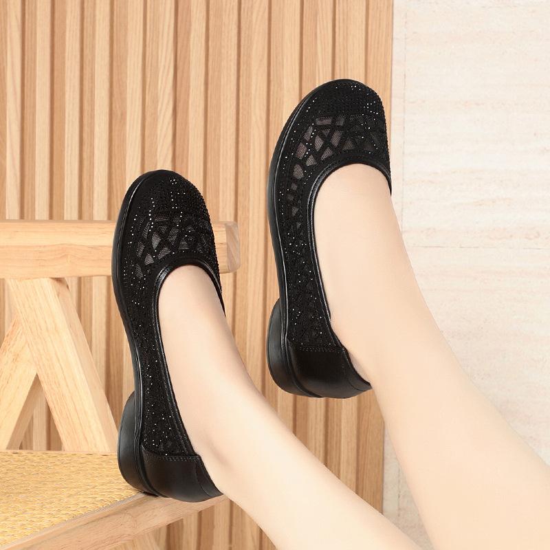 Women's Sandals Summer Hollow Women's Shoes Mesh Shallow Mouth Single Shoes Thin Thick Heel Soft Sole Mother's Shoes Casual