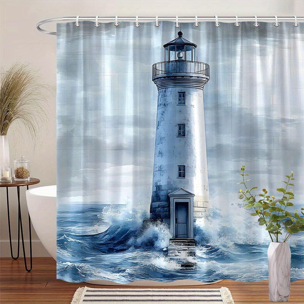 Coastal Lighthouse Shower Curtain Realistic Ocean Scene White Beacon Blue Waters Rugged Sky Polyester Washable With Hooks