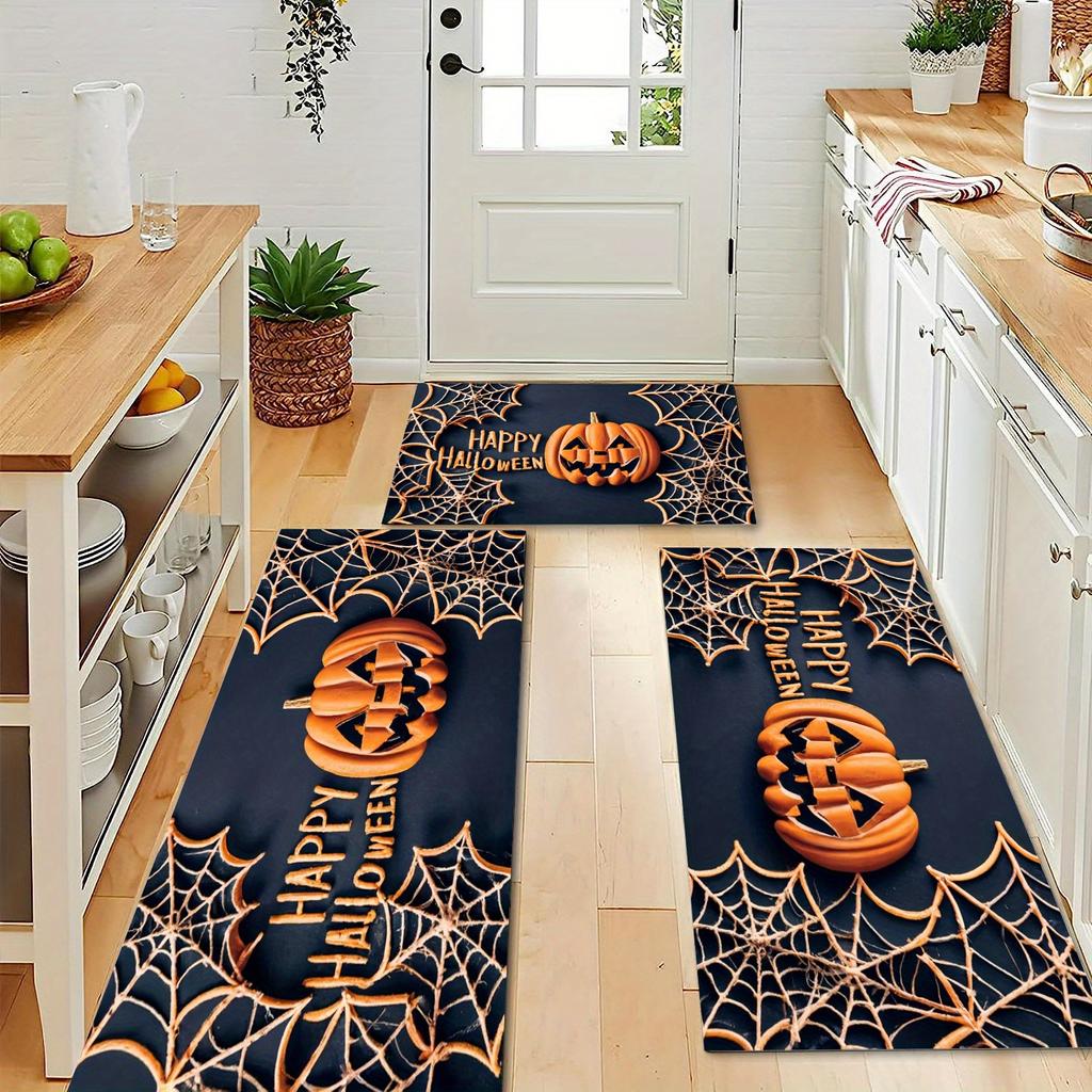 Halloween Theme Carpet Pumpkin Spider Web Floor Mat Kitchen Carpet Door Mat Washable Dirt-Resistant Carpet Outdoor Carpet