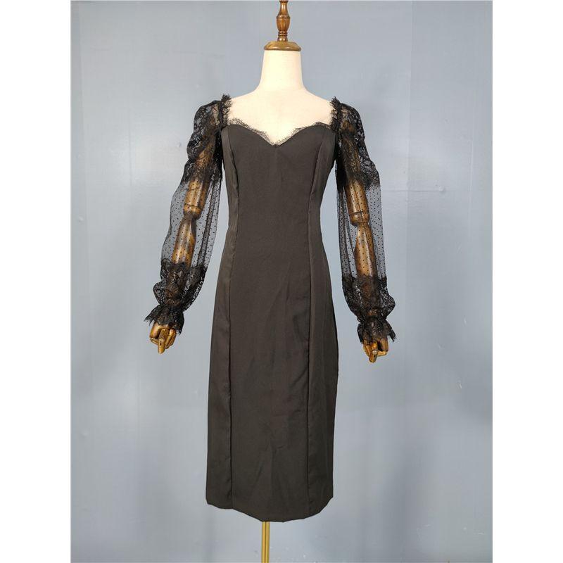 

Foreign Trade Order Mo Home Gyaru Black Pure Desire Style Lantern Sleeve Design Lace Eyelash Waist Hugging Dress Split Sheath