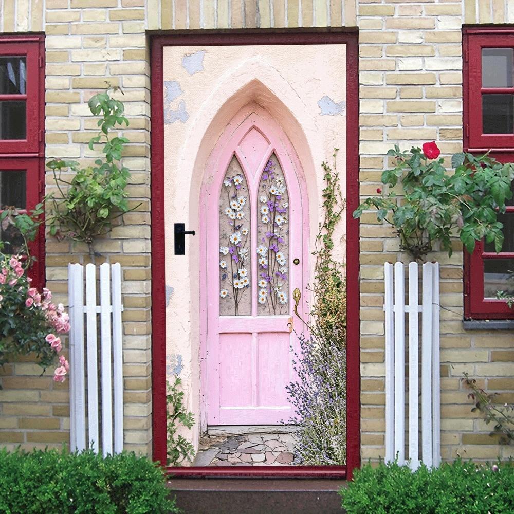 2pcs Dreamy Pink European Retro Door Wall Stickers Rural Style Daisy Lavender Flower Glass Stickers Self Adhesive Removable Livi