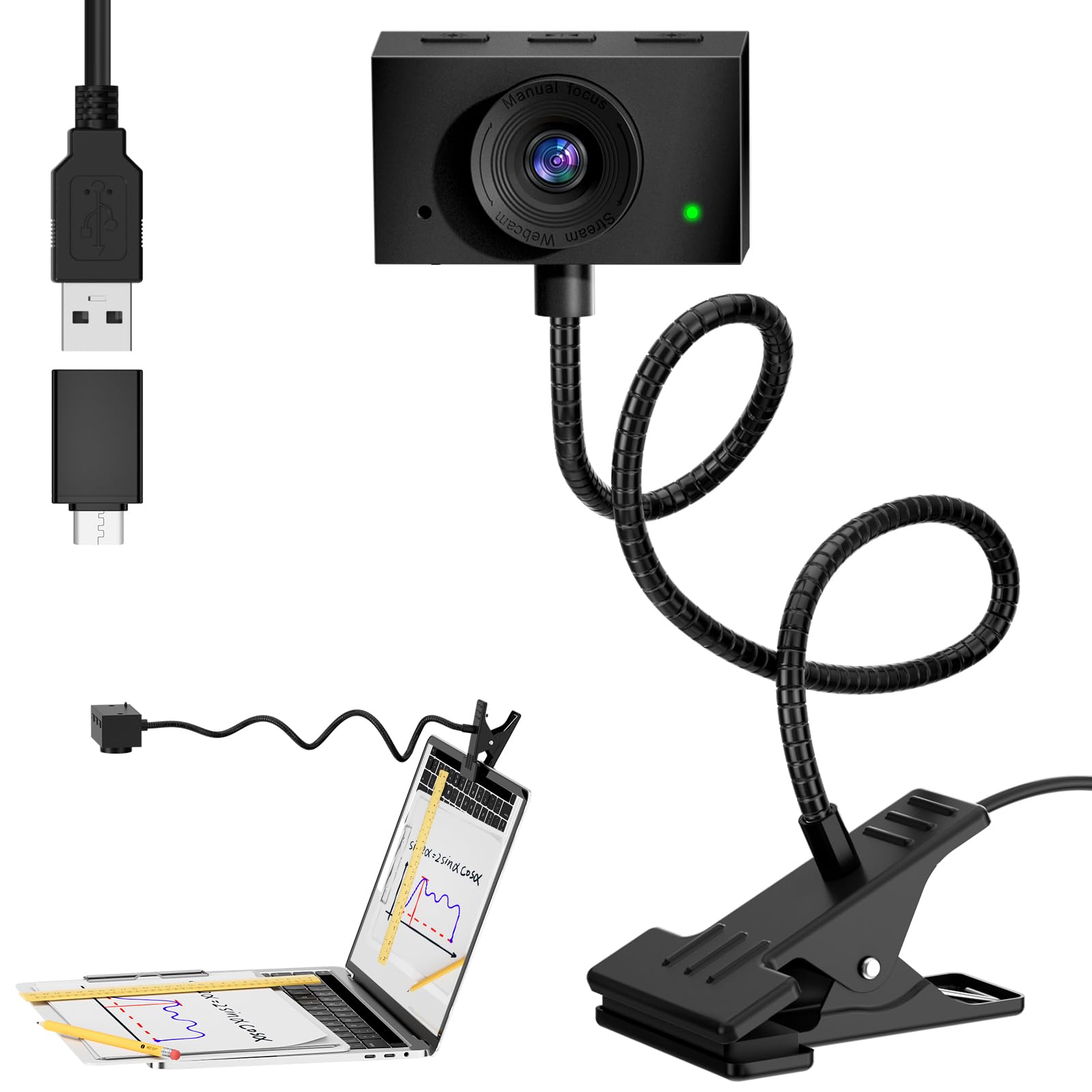 

Webcam HD1080P microphone For PC USB connection Flexible arm Compatible with document cameras Manual focus Clamp type For External PC webcam