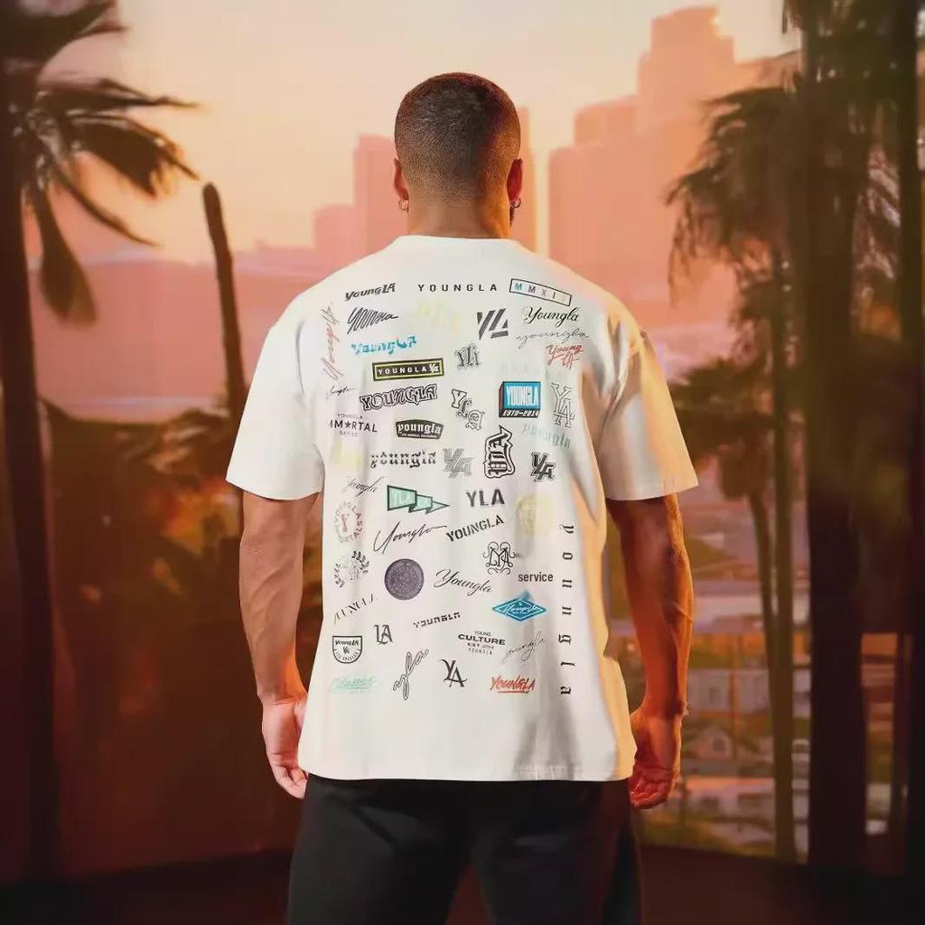 YOUNG LA Men's Loose Fit Cotton T-Shirt - Summer Full Back Print, Short-Sleeved, Round Neck, Casual Fitness Sports Top