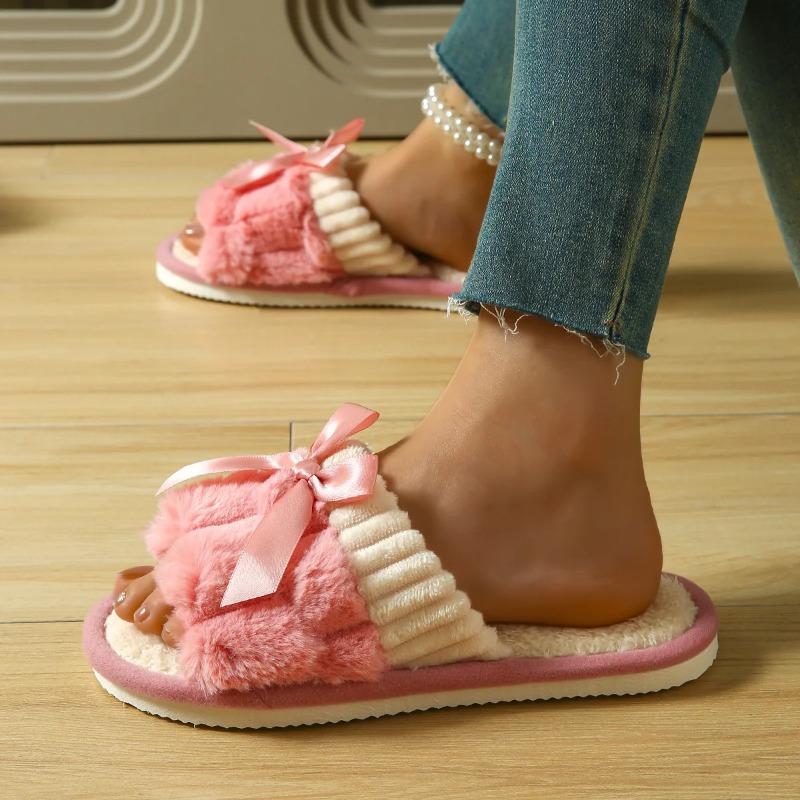 New Bow Decorative Plush Slippers For Women Autumn Winter Warm Indoor Home Soft Sole Lightweight Slides Furry Cotton Shoes